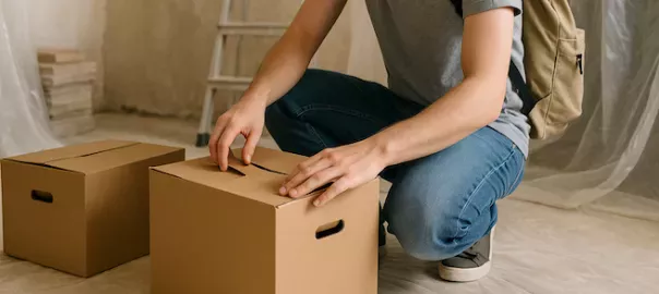 “Person packar flyttkartonger i renoveringsmiljö med damm, täckplast och byggmaterial – symboliserar flytt och organisering under pågående renovering”